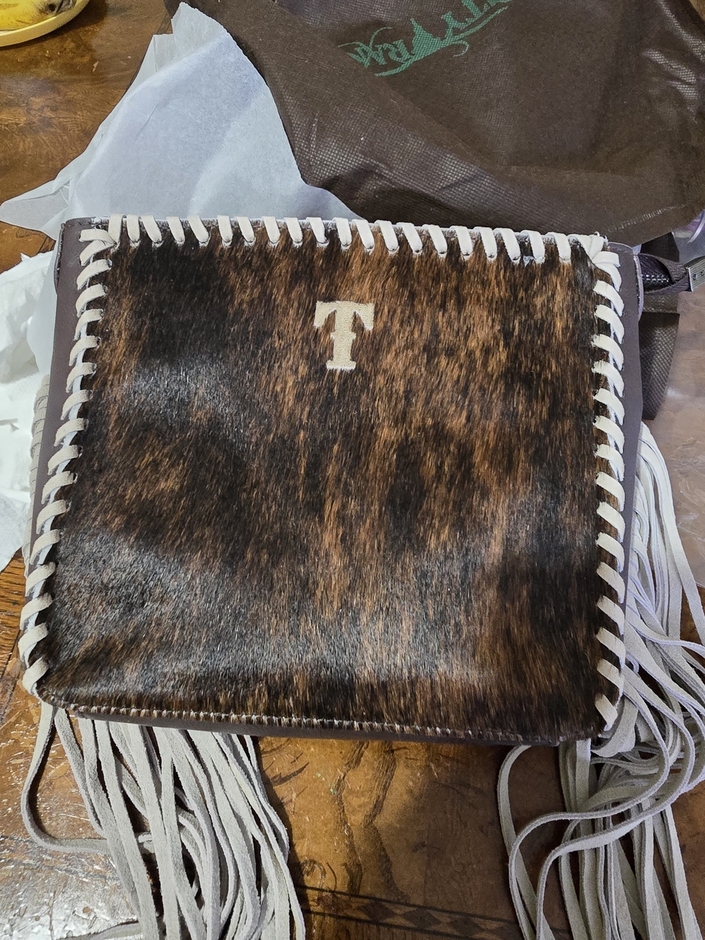 Brown Haircalf Fringe Messenger Bag with 'T' Accent